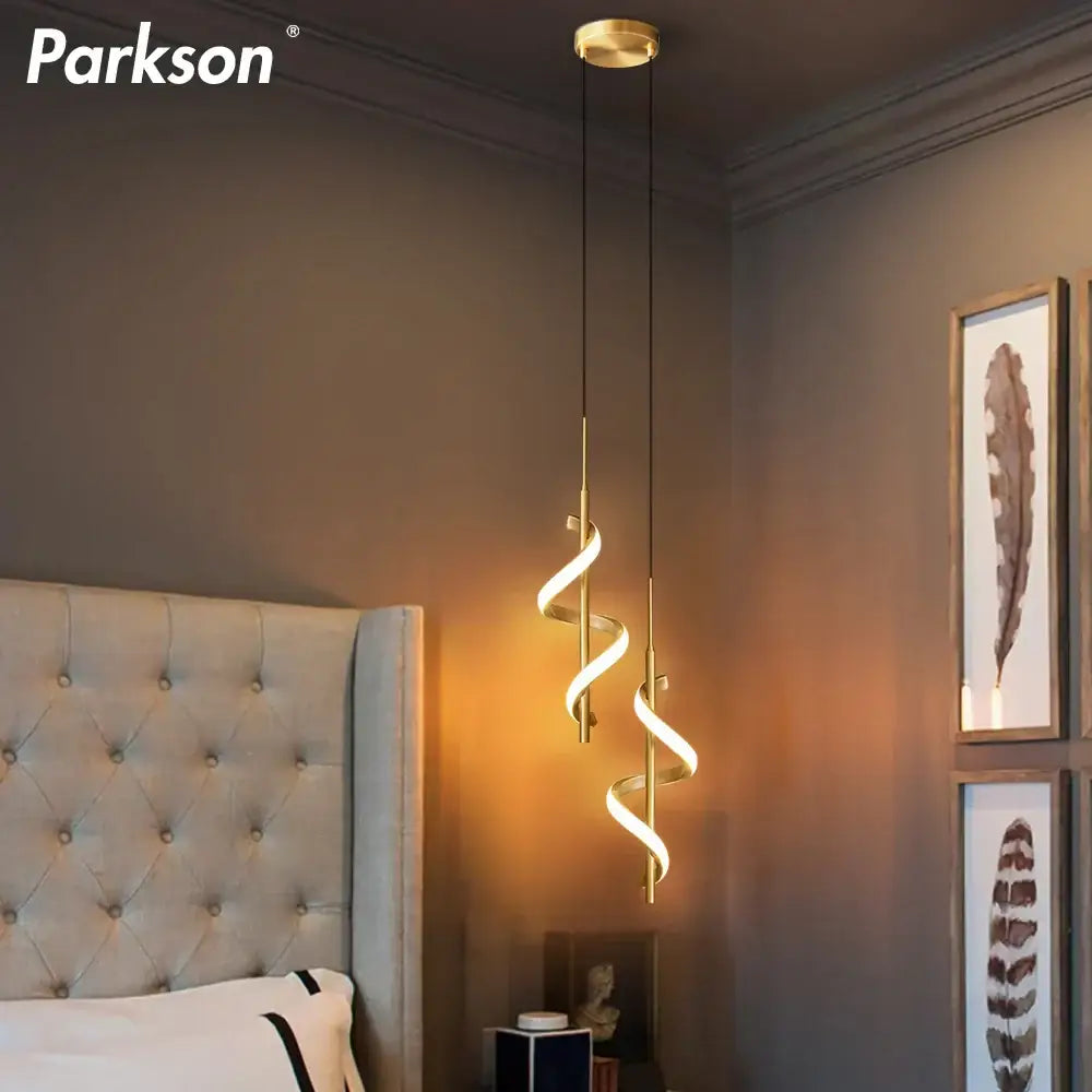 Modern gold spiral led pendant light bedroom hanging lamp