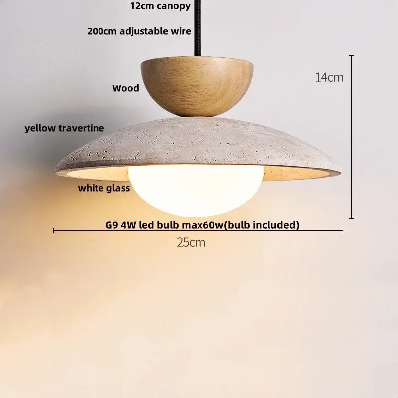 Wabi sabi beige stone and wood led pendant light dining room