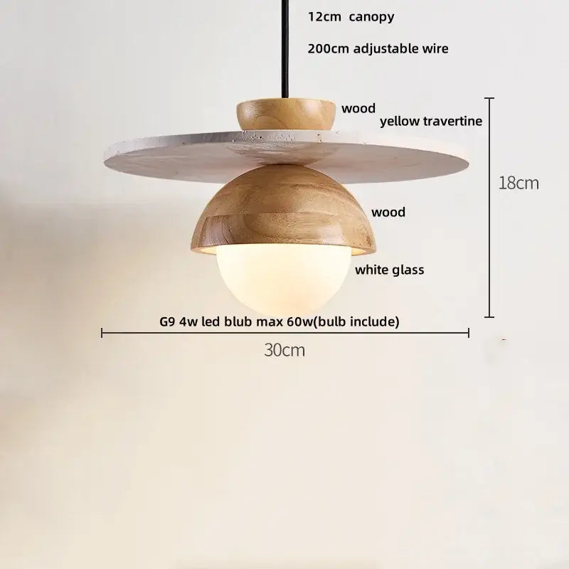 Wabi sabi beige stone and wood led pendant light dining room