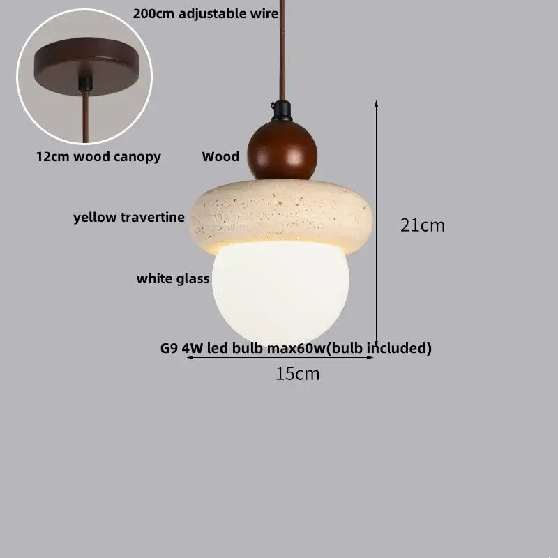 Wabi sabi beige stone and wood led pendant light dining room