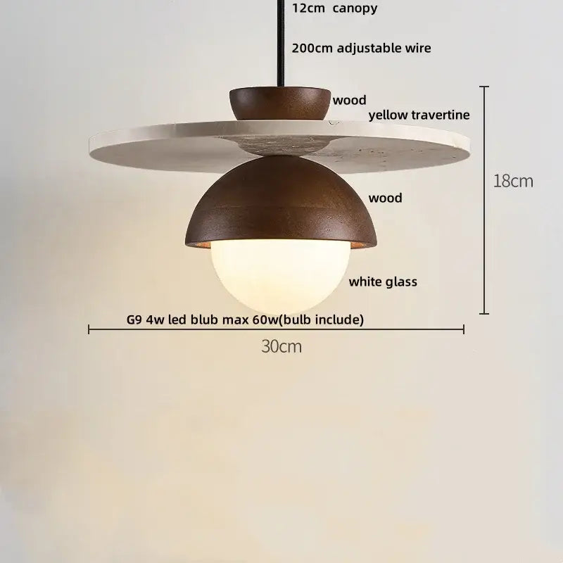 Wabi sabi beige stone and wood led pendant light dining room