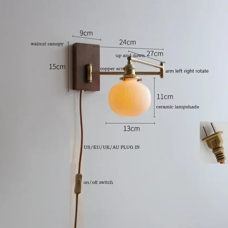 Modern brass led pull chain wall lamp with pleated shade bedroom
