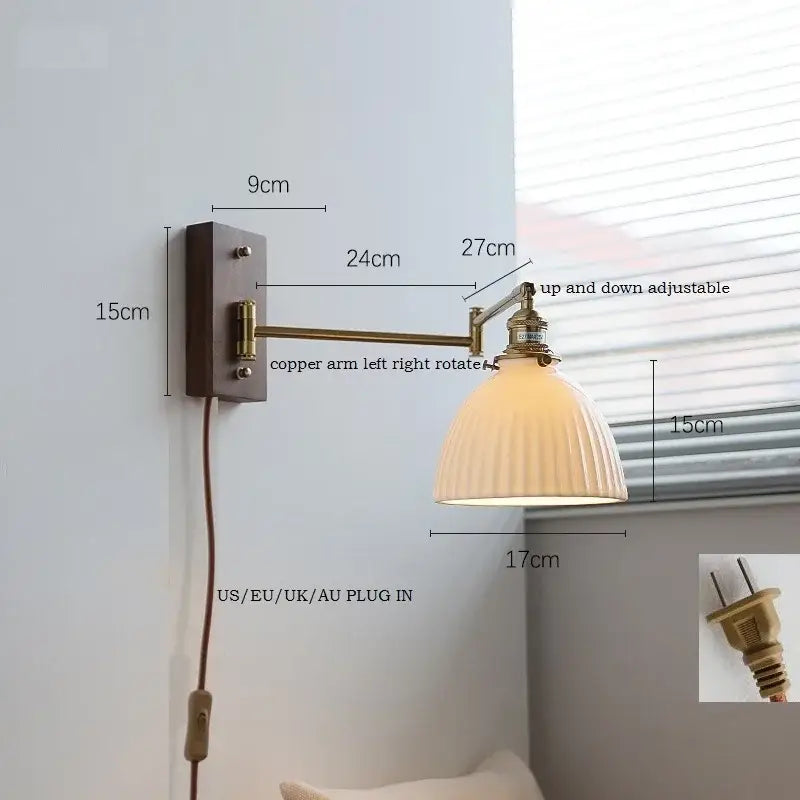 Modern brass led pull chain wall lamp with pleated shade bedroom