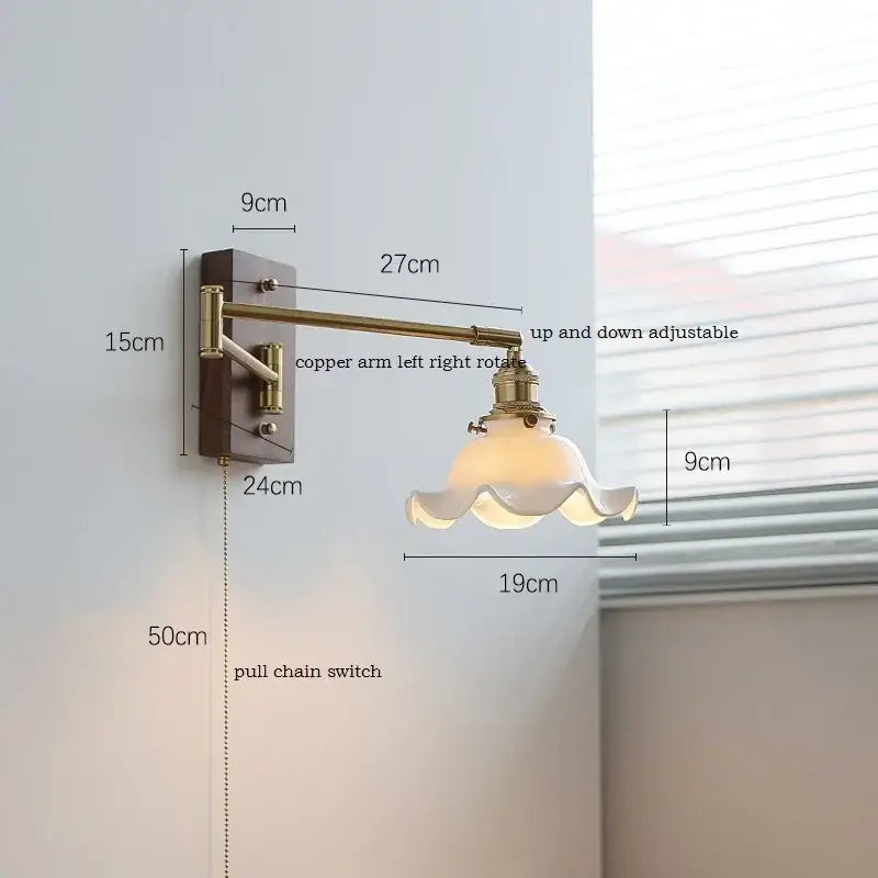 Modern brass led pull chain wall lamp with pleated shade bedroom