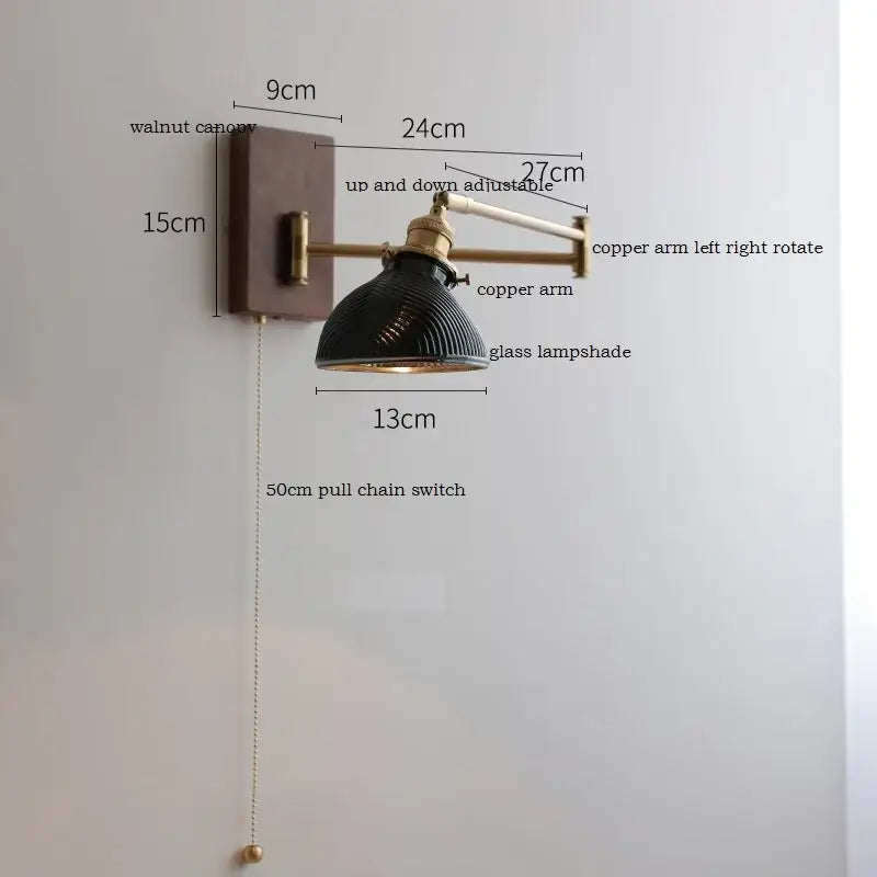 Modern brass led pull chain wall lamp with pleated shade bedroom