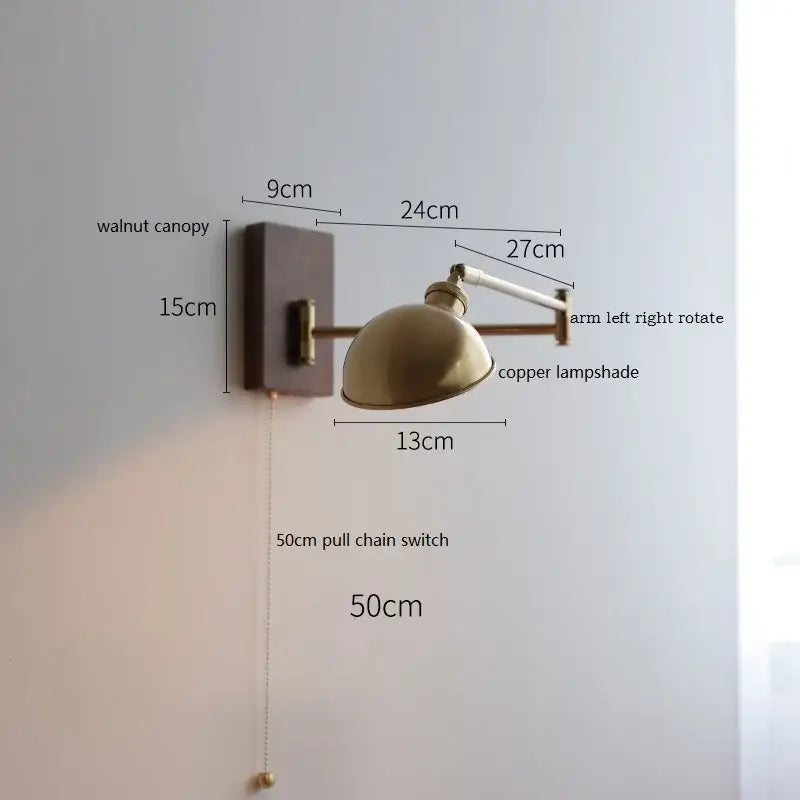 Modern brass led pull chain wall lamp with pleated shade bedroom