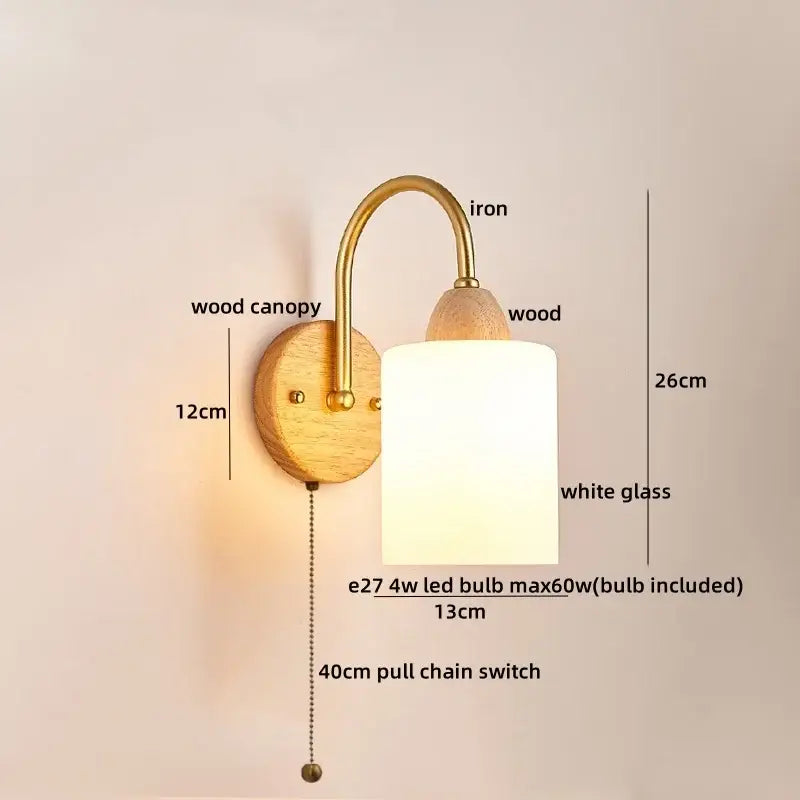 Modern brass and wood led pull chain wall lights for bedroom