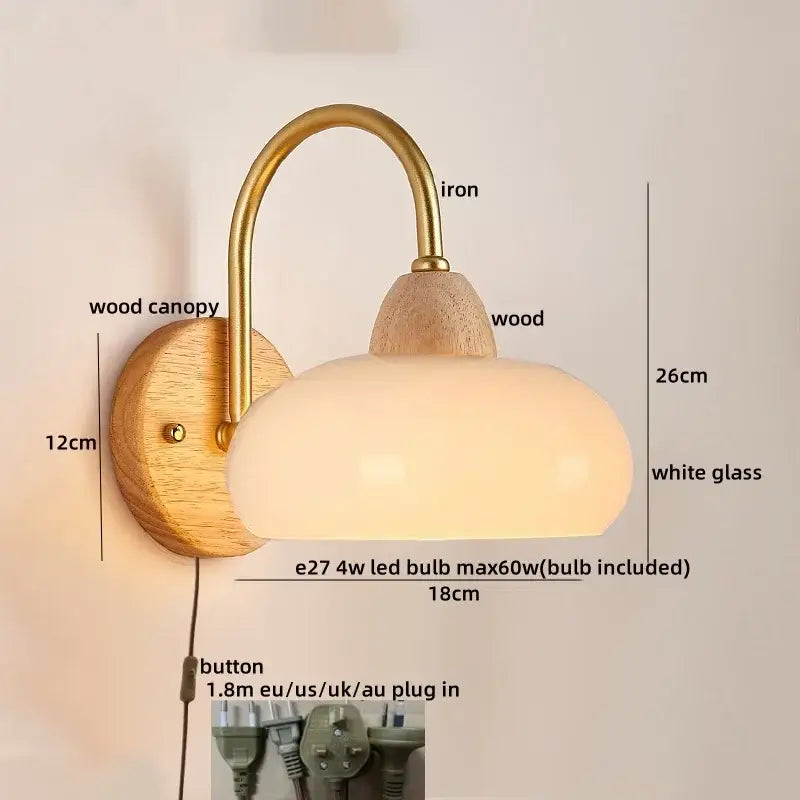 Modern brass and wood led pull chain wall lights for bedroom