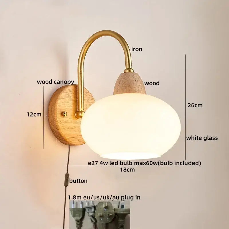 Modern brass and wood led pull chain wall lights for bedroom