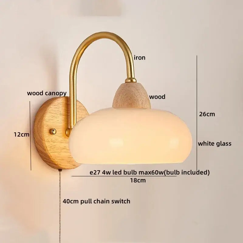 Modern brass and wood led pull chain wall lights for bedroom