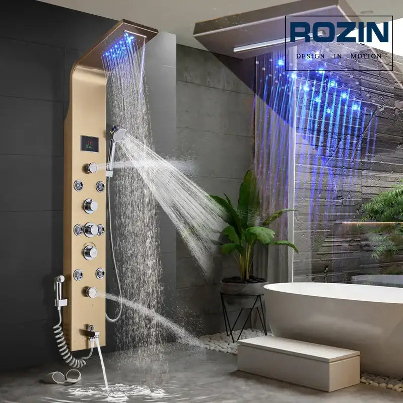 Gold led rain shower system with massage jet and bidet for bathroom