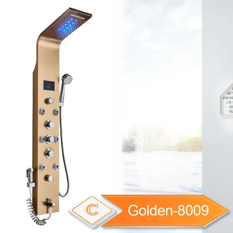 Gold led rain shower system with massage jet and bidet for bathroom