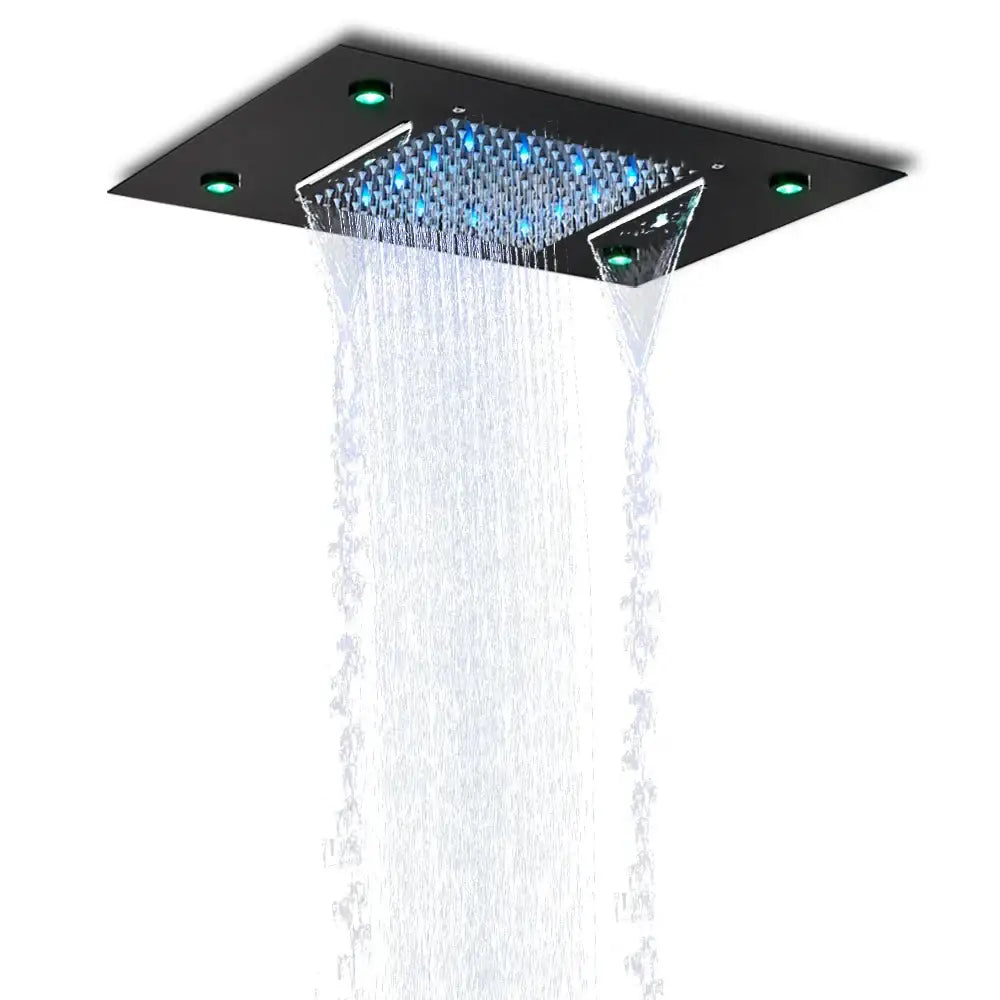 Modern black rain waterfall shower head bathroom blue led lights