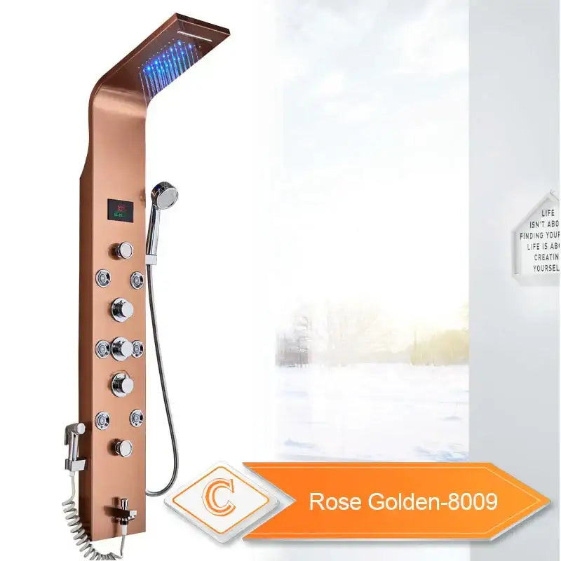 Silver rainfall led shower panel with bidet sprayer for bathroom