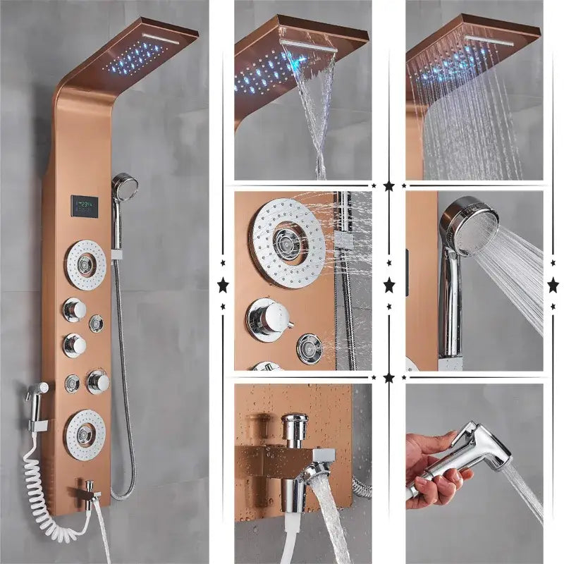 Modern black & brushed led rainfall shower panel bathroom system