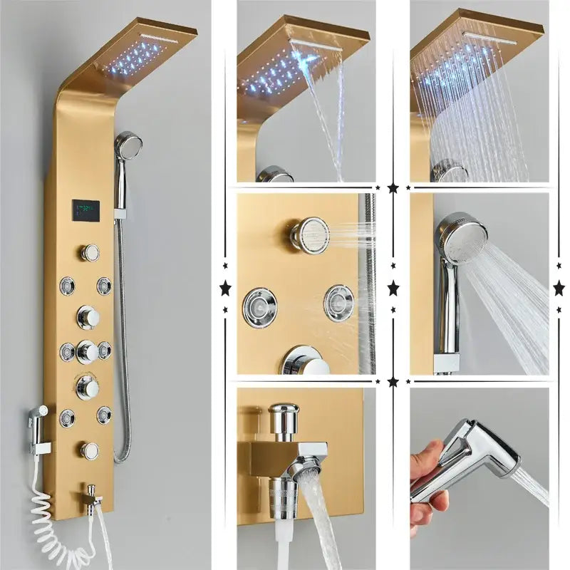 Modern black & brushed led rainfall shower panel bathroom system