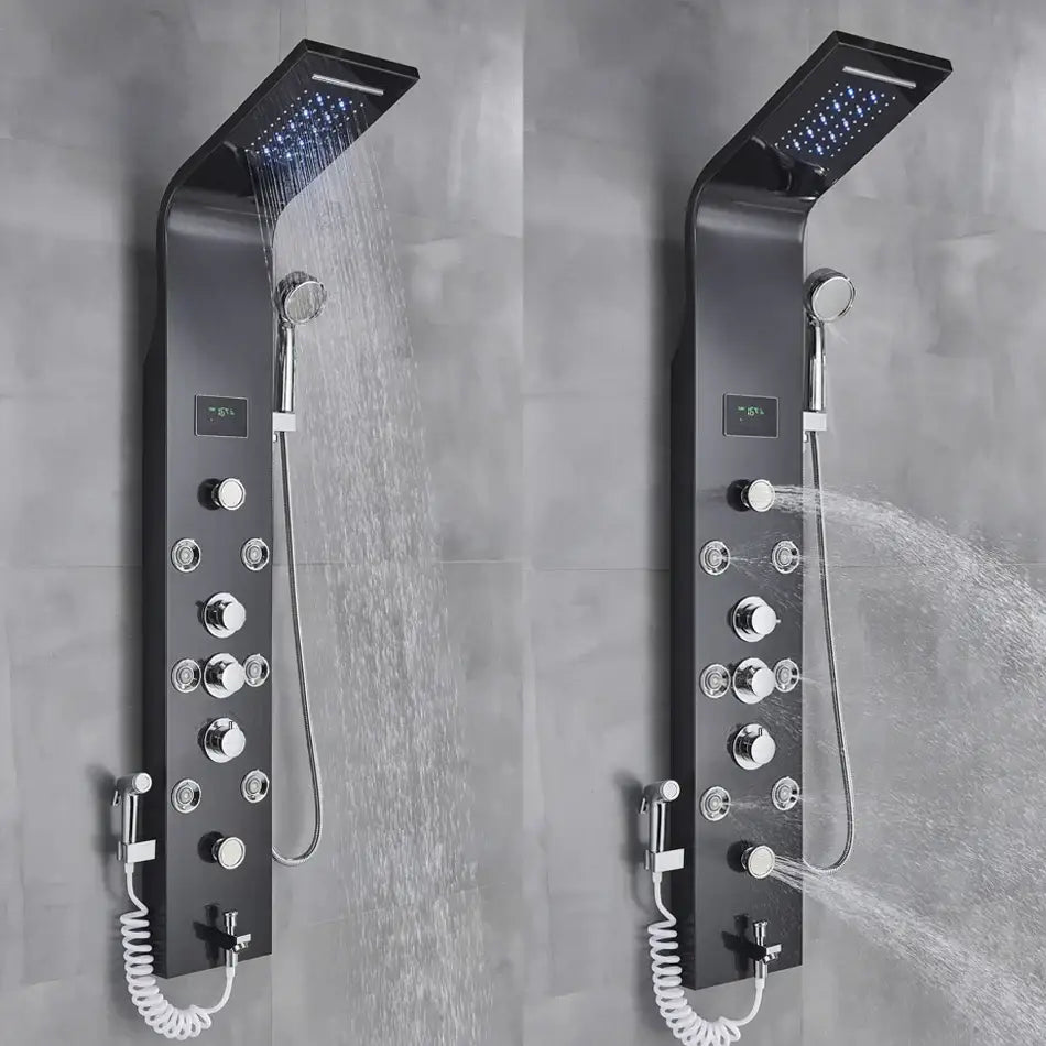 Modern black & brushed led rainfall shower panel bathroom system