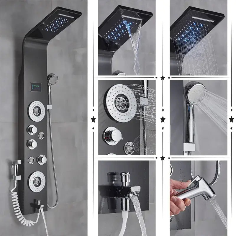 Modern black & brushed led rainfall shower panel bathroom system