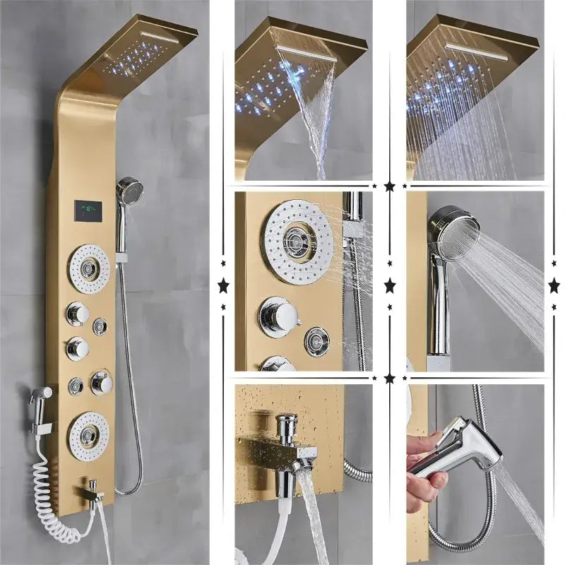 Modern black & brushed led rainfall shower panel bathroom system