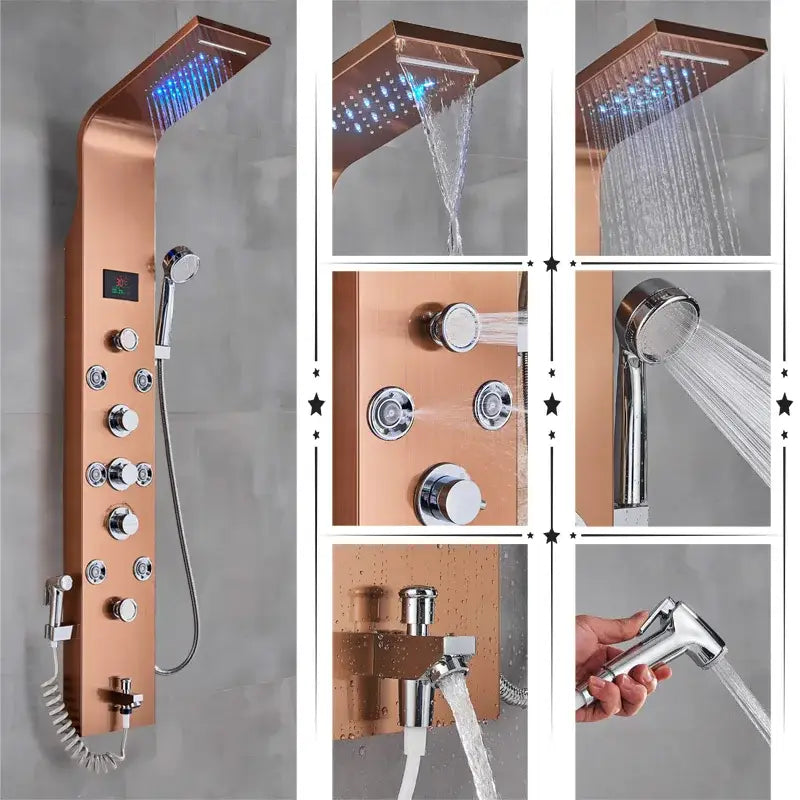 Modern black & brushed led rainfall shower panel bathroom system