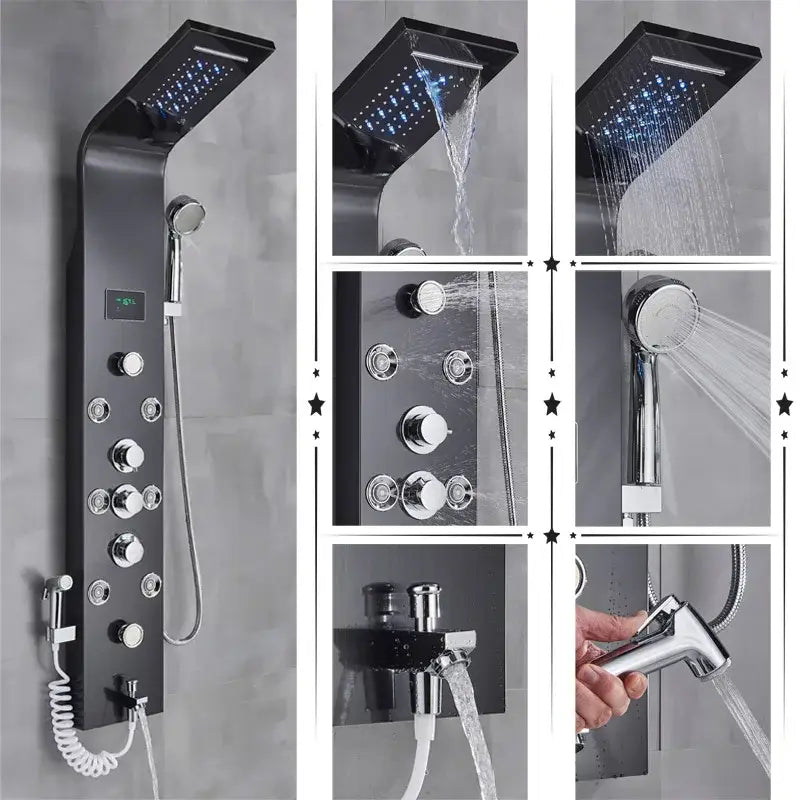 Modern black & brushed led rainfall shower panel bathroom system