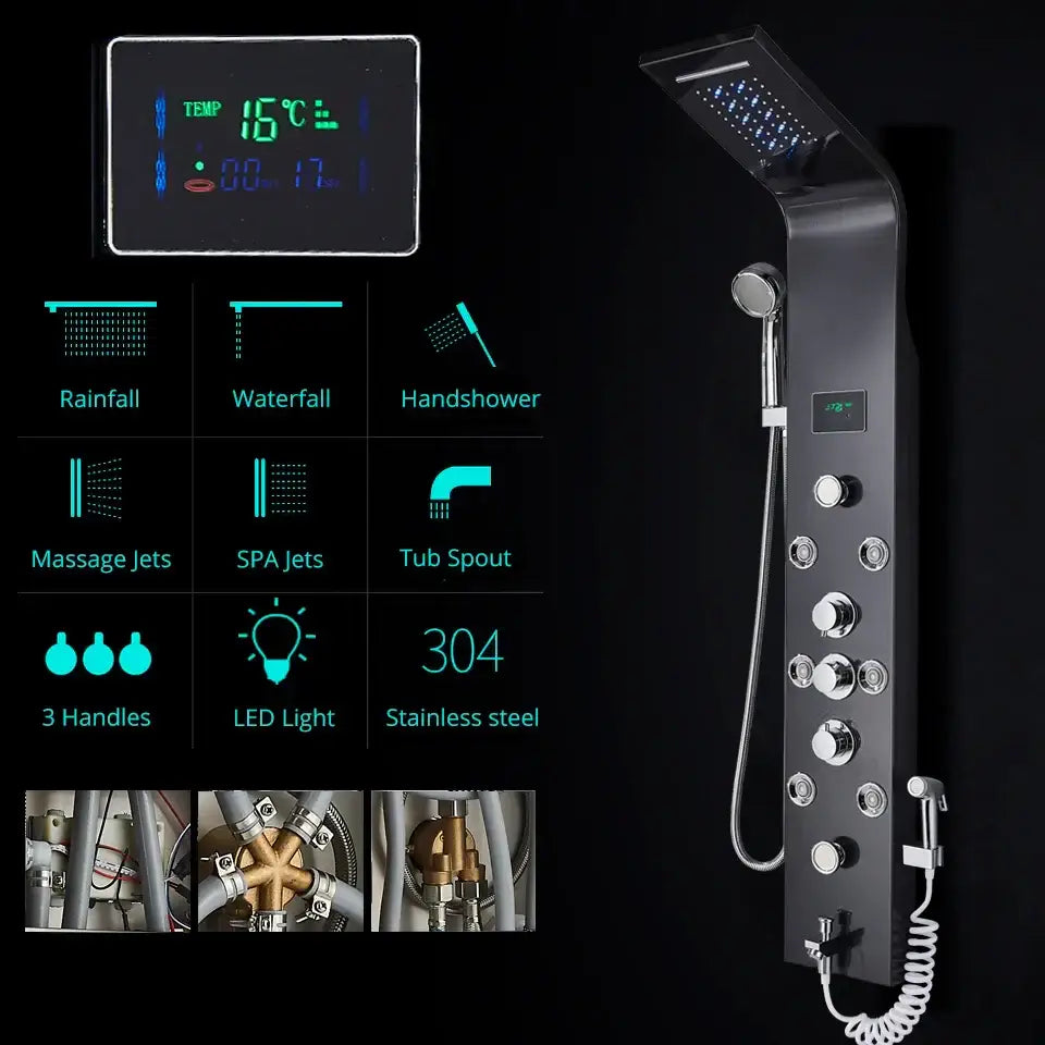 Modern black & brushed led rainfall shower panel bathroom system