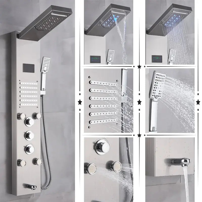 Modern black stainless steel led rainfall shower panel bathroom spa