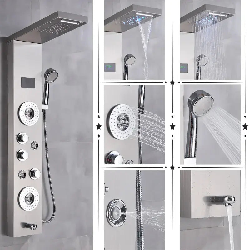 Modern black stainless steel led rainfall shower panel bathroom spa