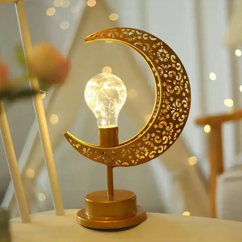 Golden filigree led ramadan moon table lamp bedroom decor