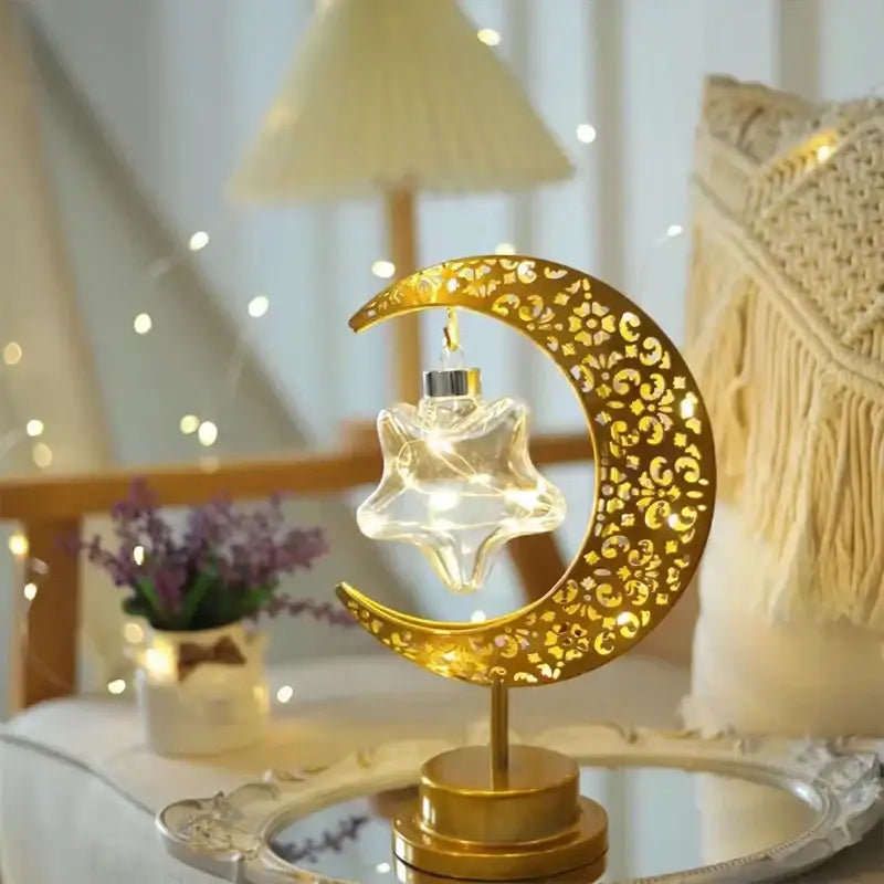 Golden filigree led ramadan moon table lamp bedroom decor
