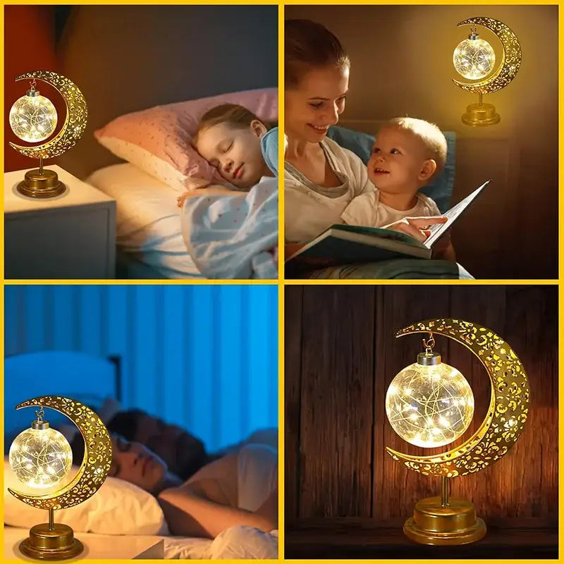 Golden filigree led ramadan moon table lamp bedroom decor