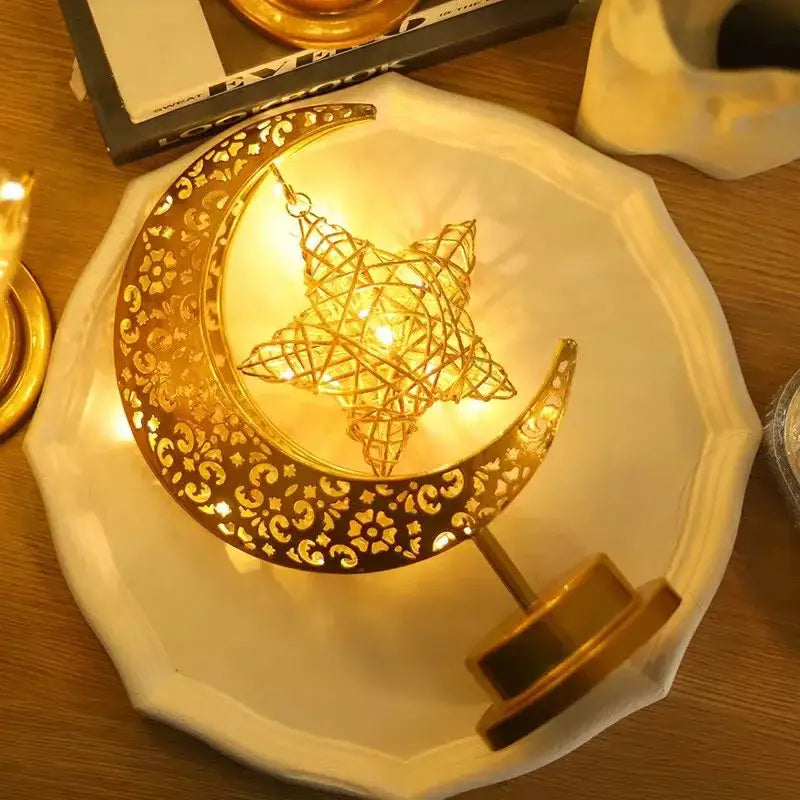Golden filigree led ramadan moon table lamp bedroom decor
