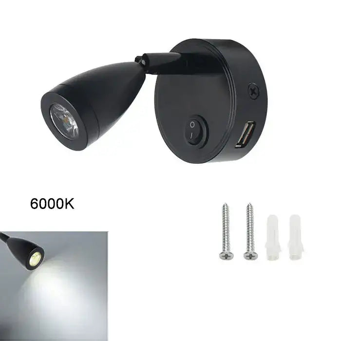 Silver & black led reading light with usb port bedroom spotlight