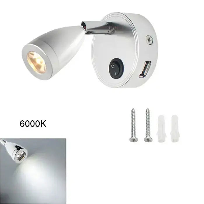 Silver & black led reading light with usb port bedroom spotlight