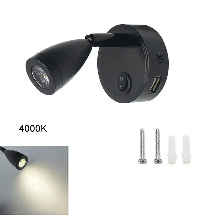 Silver & black led reading light with usb port bedroom spotlight