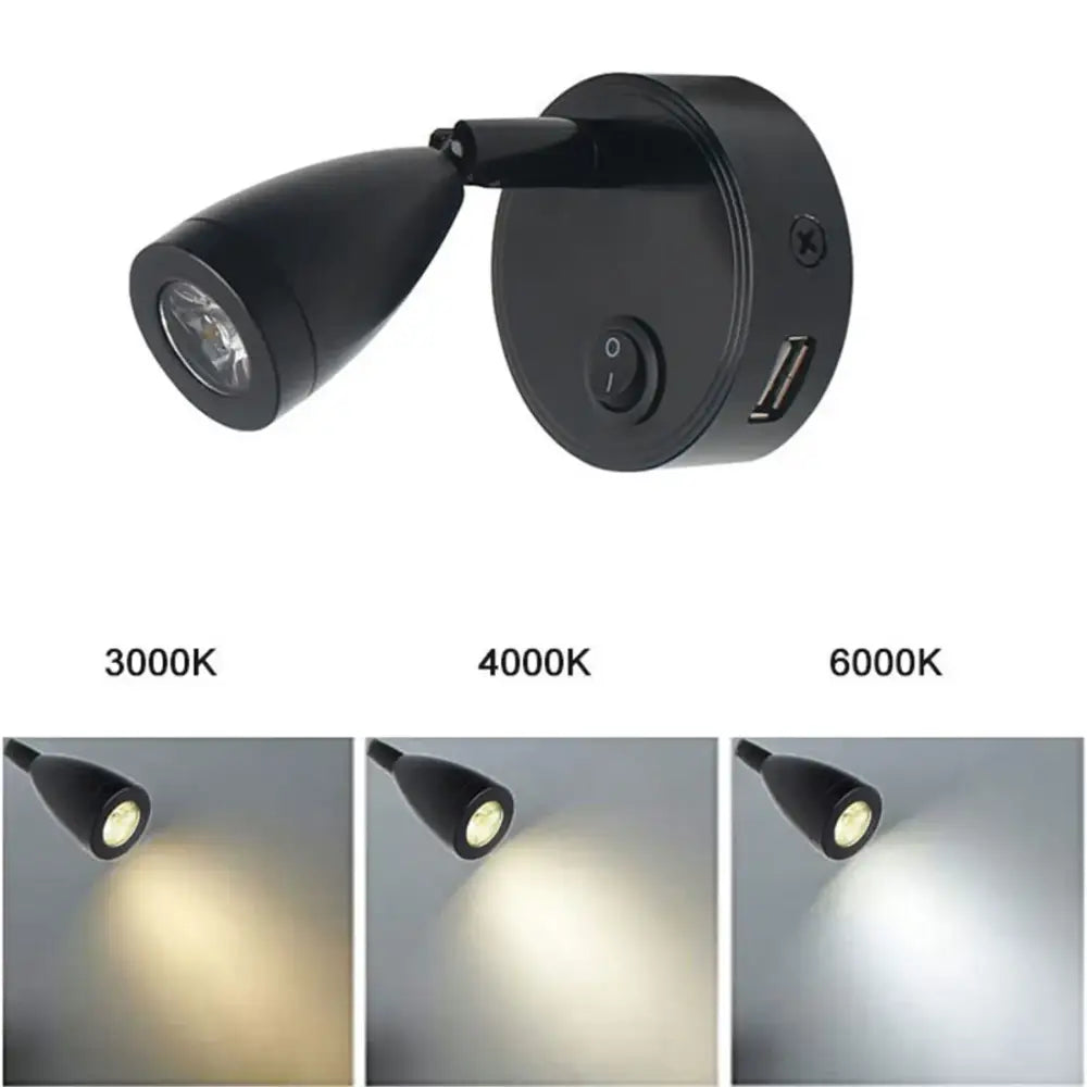 Silver & black led reading light with usb port bedroom spotlight