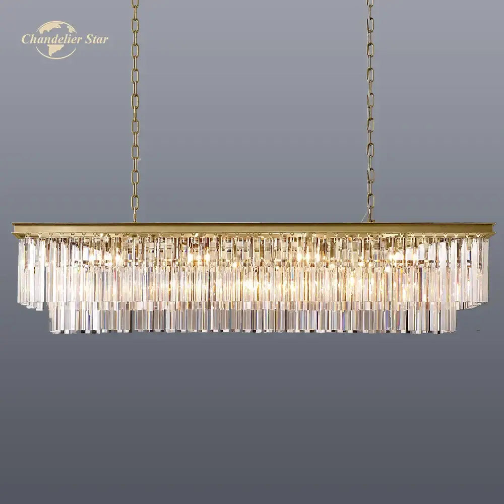 Gold rectangular crystal chandelier dining room led light