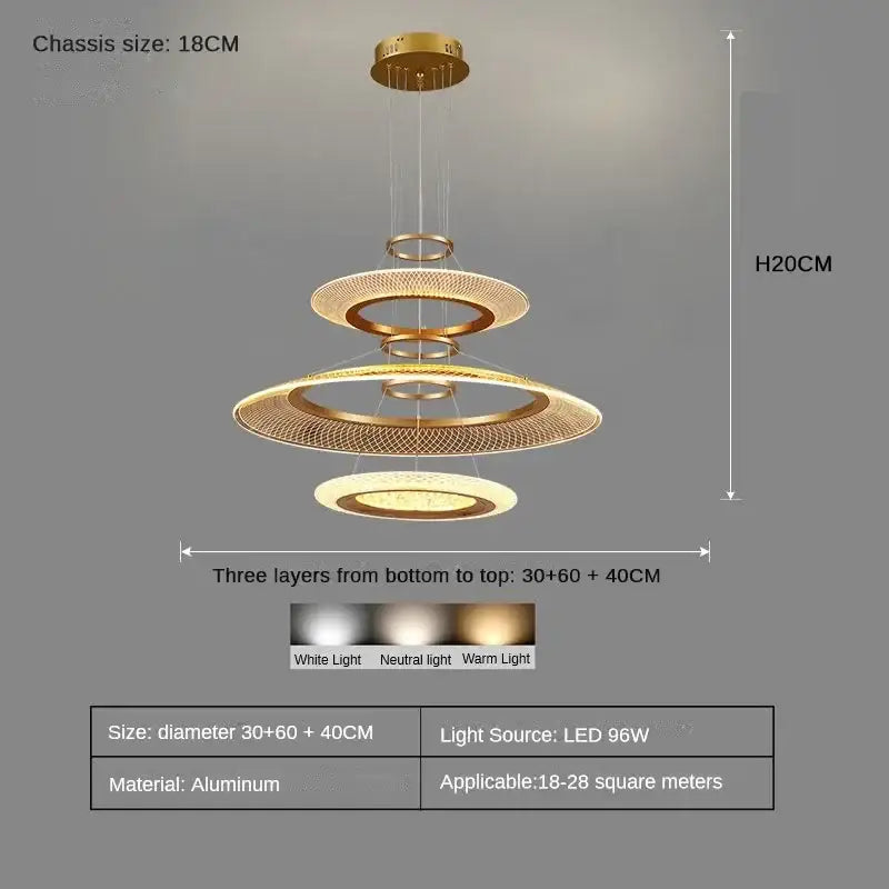 Modern gold tiered led ring ceiling chandelier for living room
