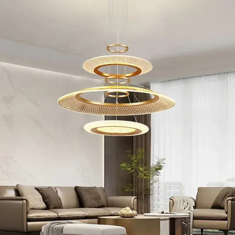 Modern gold & white woven mesh led ring chandelier living room