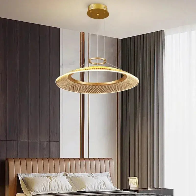 Modern gold & white woven mesh led ring chandelier living room