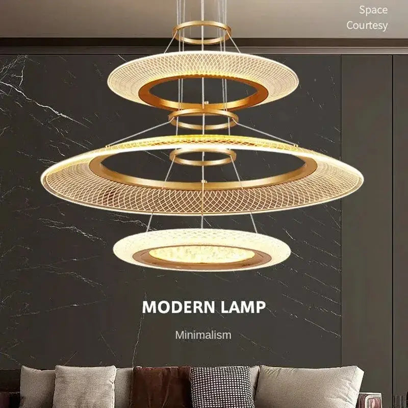 Modern gold & white woven mesh led ring chandelier living room