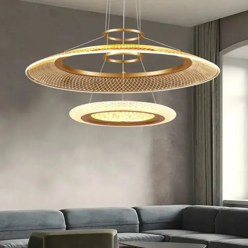 Modern gold & white woven mesh led ring chandelier living room