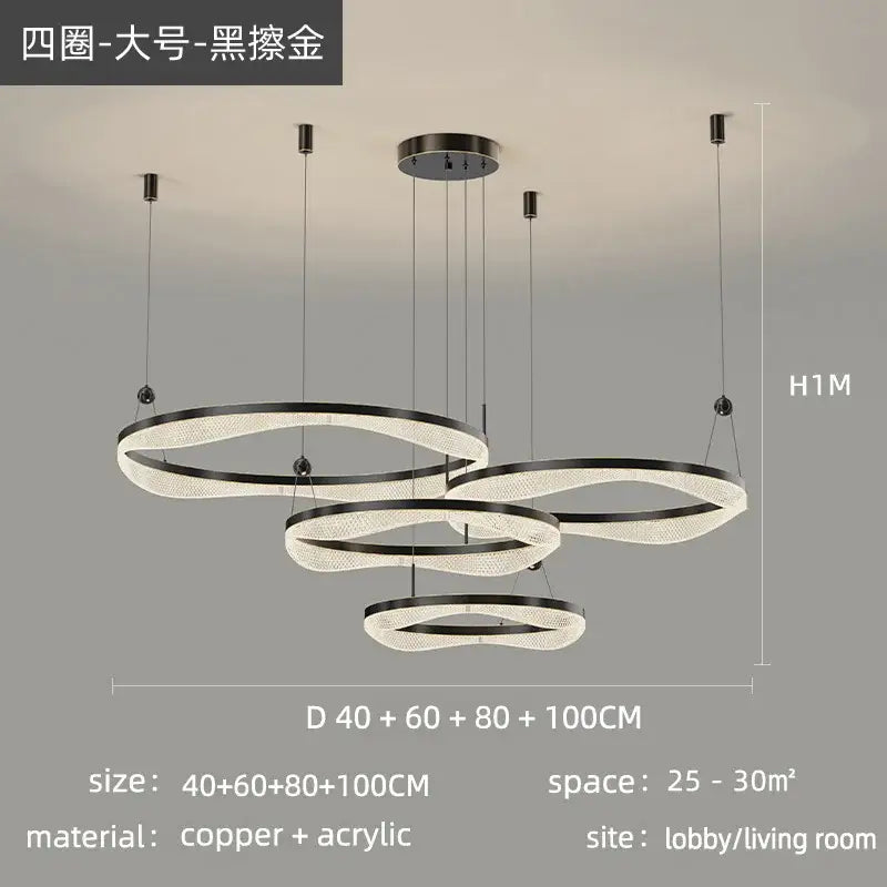 Modern gold interlocking led ring pendant chandelier living room