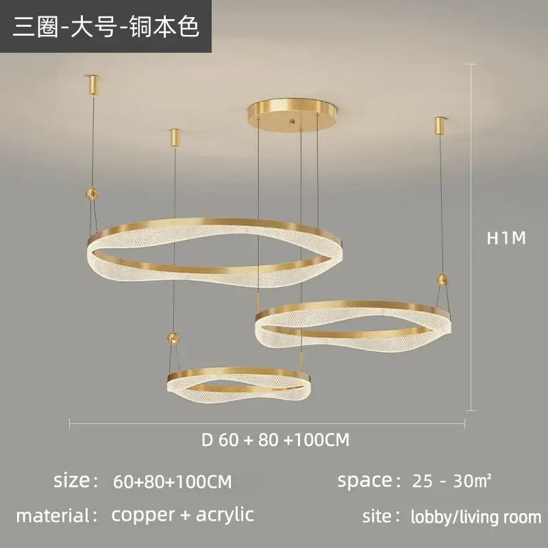 Modern gold interlocking led ring pendant chandelier living room