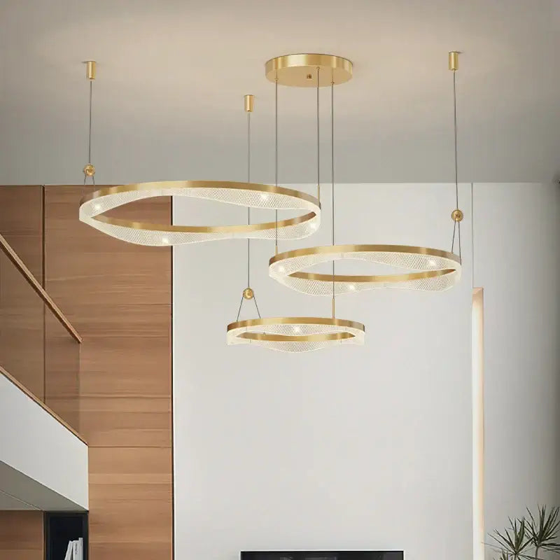 Modern gold interlocking led ring pendant chandelier living room