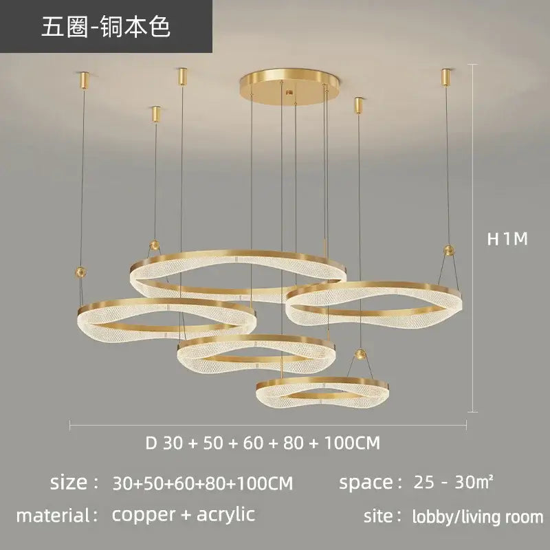 Modern gold interlocking led ring pendant chandelier living room