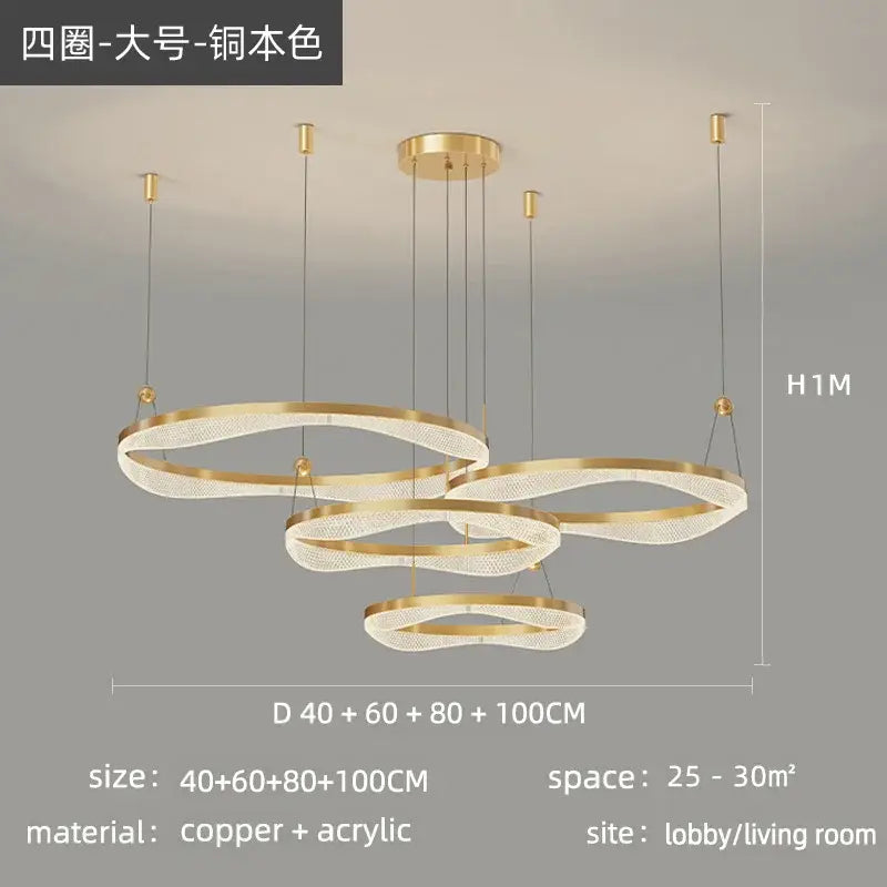 Modern gold interlocking led ring pendant chandelier living room