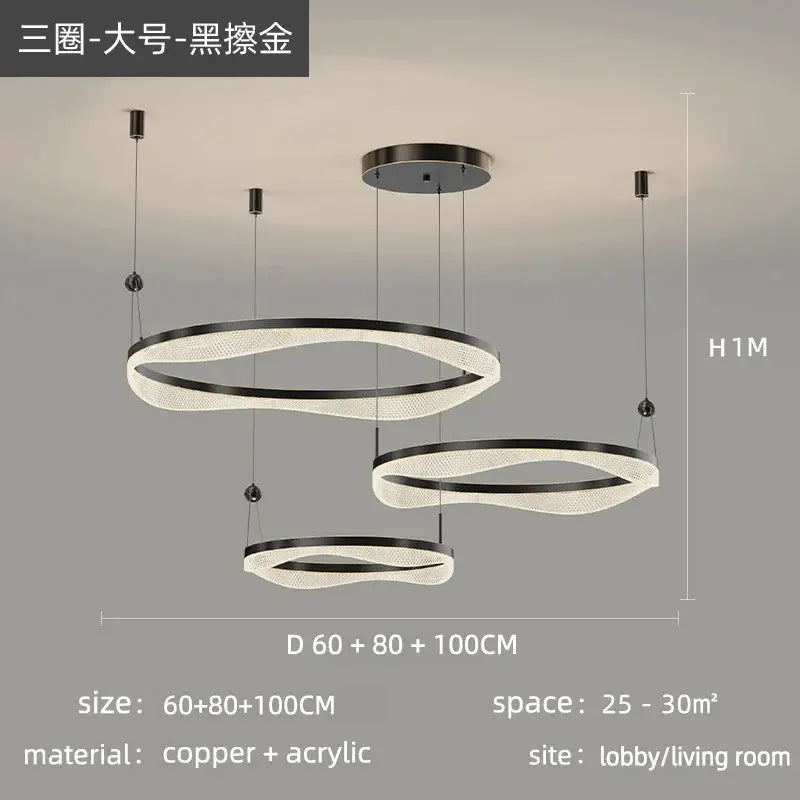 Modern gold interlocking led ring pendant chandelier living room