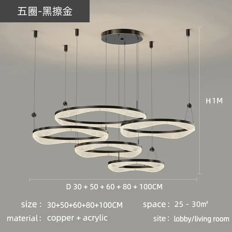 Modern gold interlocking led ring pendant chandelier living room