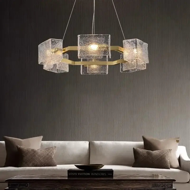 Modern gold led ripples glass cube chandelier for living room